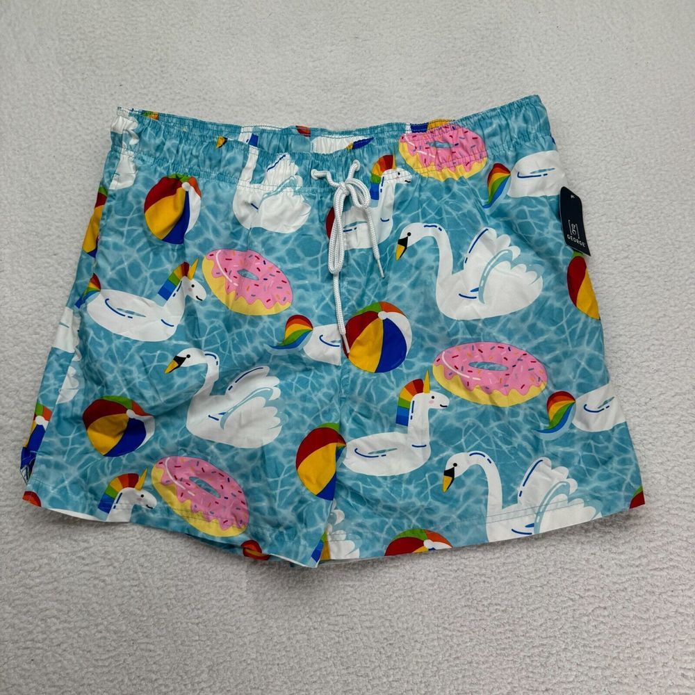 NWT George Swim Trunks Mens XL Blue Pool Donut Beach Above‎ The Knee 6" Inseam